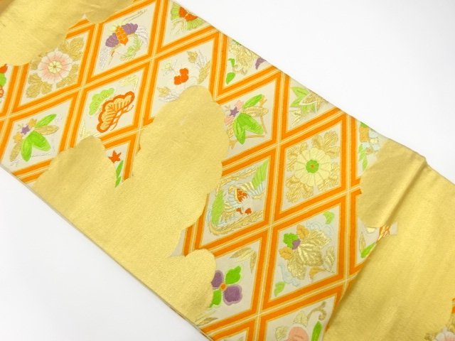 JAPANESE KIMONO / ANTIQUE FUKURO OBI / SILK / WOVEN GRID & PHOENIX